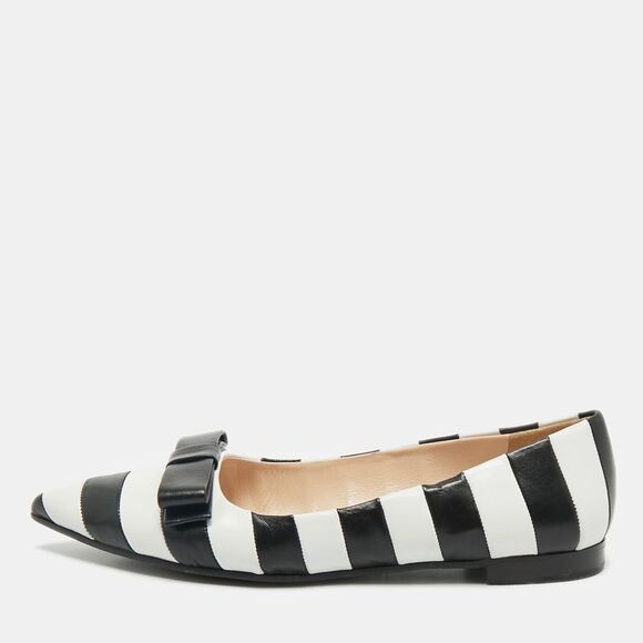 Prada Black/white Leather Pointed Toe Bow Detail Ballet Flats Size 37.5